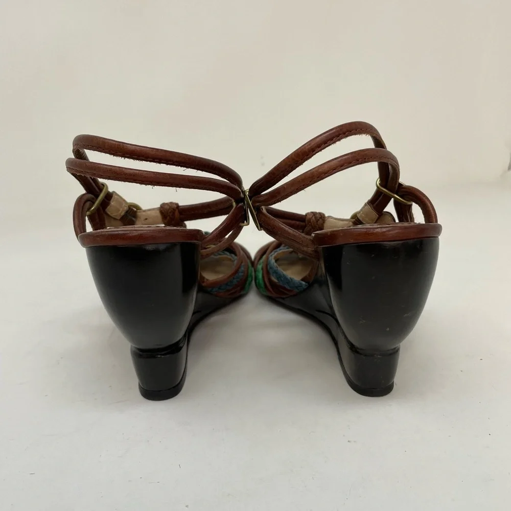 FRYE COLETE Sandals Brown Braided Leather Wedge Heels Open Toe Strappy Buckle 9
